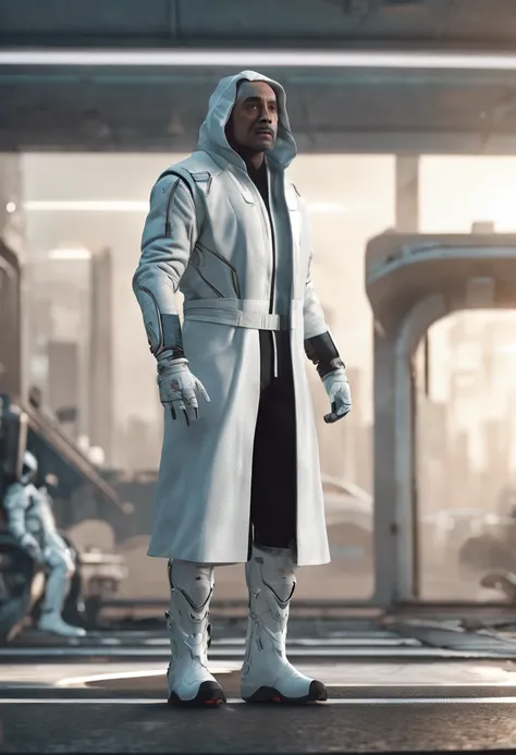 Alafed man in white coat and black shoes poses for photo, 3 d render character art 8 k, cinematic outfit photo, lunar themed attire, dystopian scifi outfit, Full characters from the movie, 8 k character details, very detailed character, elegant cinematic p...