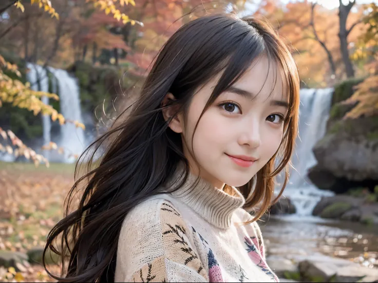 (Close up portrait of one girl with slender small breasts and very long hair in colorful autumn shirt and sweater:1.5)、(Smiling girl with hair fluttering in the wind stands on the edge of screen:1.3)、(Waterfall and wonderfully beautiful autumn foliage back...