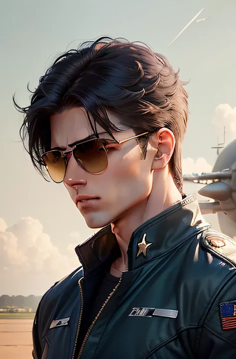 Ride a fighter、Young men、Wearing the uniform of the Air Force、Like Tom Cruise、Blue gradient hair、Wheat-toned skin、The background is an air base、、Sophisticated illustrations、The moat is deep、Wearing sunglasses、、Solo Photography、、vertical stripes　imagem 4k　超...