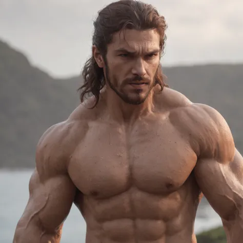 (Professional 3D rendering:1.3) de (Realistic:1.3) Foto de arte mais bonita do mundo，Features soft, bright male heroes, ((Epic hero fantasy rough muscular man wet hero angry look long hair short beard and fierce expression in dynamic pose, fantastic locati...