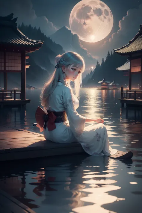 There was a woman sitting on the dock，The background is the full moon。, calm evening. Digital illustration, A beautiful artwork illustration, float under moon light at night, serene illustration, dreamlike illustration, fairy-tale illustration style, moonl...