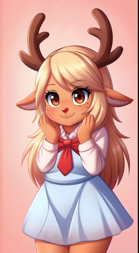 Noelle Holiday from Deltarune, 1girl, solo, pretty, smile, freckles, red nose, antlers, reindeer, orange body, red freckles, brown eyes, professional art made by twistedscarlett60, chibi, pastel lighting, pastel colors, pastel background