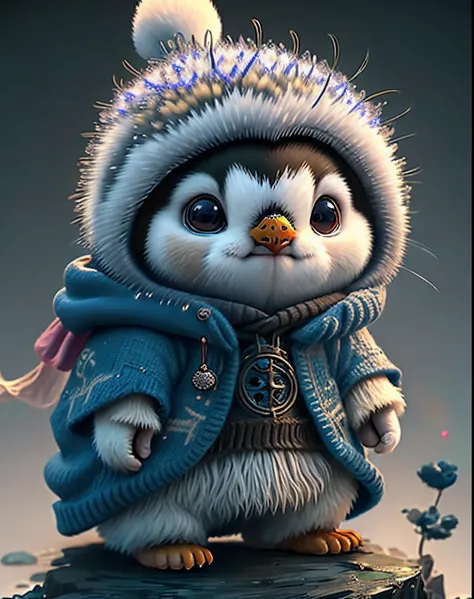 Top image quality、"Create cute creature masterpieces with inspired ultra-detailed concept art. Let your imagination come alive", （emperor penguin）, high detailing, in 8K、Top image quality、Dressed up as a warrior in the game、Use a magic sword、Cool pose