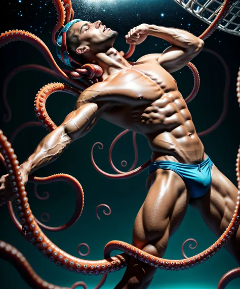 An award winning photography of a Beautiful male muscled with tentacles on his head and a silver cage , colored body, Swimming suit, glass on his body, multicolor decorated abstract skin, surreal decorated skin, surrealism, masculine, stellar explosion in ...