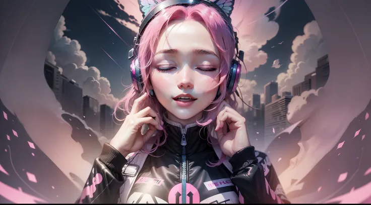 Woman with peace sense headset, closed eyes, beautiful face, RGB colors, anime pink hair, banner for youtube video, happy girl, clouds with RGB colors., bright RGB colors.