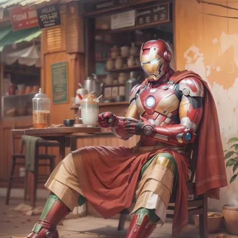 ironman, wearing a kerala mundu(dhoti), drinking chai, from a chai shop in kerala