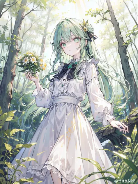 tmasterpiece，HighestQuali，1girll，Light green hair，Green eyes，a white long skirt，ln the forest，foliage，rays of sunshine