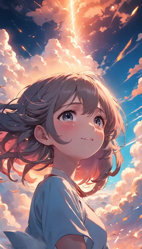 masterpiece, best quality, movie still, 1girl, cloud girl, floating in the sky, close-up, bright, happy, warm soft lighting, sunset, (sparks:0.7)