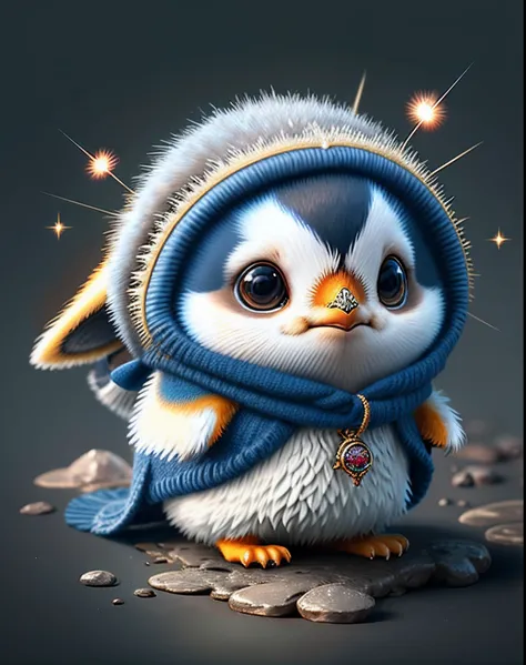 Top image quality、"Create cute creature masterpieces with inspired ultra-detailed concept art. Let your imagination come alive", （macaroni penguin）, high detailing, in 8K、Top image quality、Dressed up as a wizard in a game、Use the magic wand、Background Ice ...