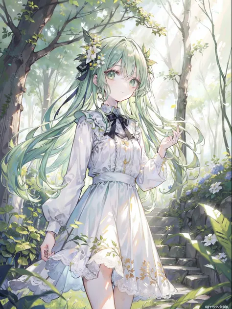 tmasterpiece，HighestQuali，1girll，Light green hair，Green eyes，a white long skirt，ln the forest，foliage，rays of sunshine