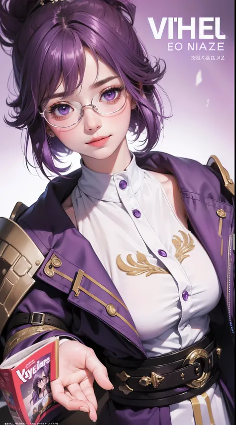 solo girl, upper body, white shirt, purple hair, purple eyes, (( 8k, hyper-realistic art, High Res )), ultra realistic, blushing, smiling at viewer, (( magazine cover )), eyeglasses