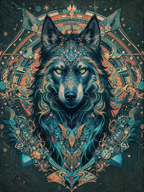 official arts, Unity 8k壁纸, Ultra-detailed, Beautiful and aesthetically pleasing, tmasterpiece, beste-Qualit, (zentangle, a Mandala, clew, meshing), (s fractal art: 1.3), 1 Black Wolf, Extremely detailed, dinamic angle, Cowboy shot, Most Beautiful Form of C...