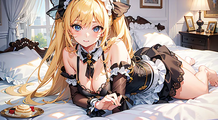 ((Need)), ((tmasterpiece)), (A detailed), Lovely maid，playful gaze, captivating posture,Lower body exposed，Pornographic，(A high resolution:1.2) NSFW，In a comfortable bed，Blonde hair，of gazes and expressions，Detailed room background，pastelcolor，Wearing maid...