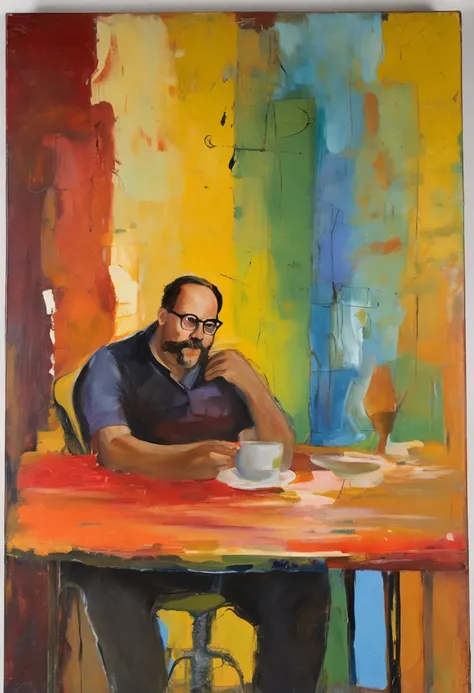 2D cartoon style, image with the characteristics Kevin James, with glasses and mustache, sitting at the table looking at the empty plate.