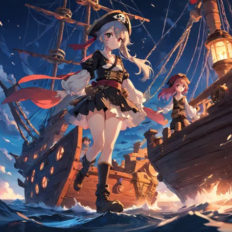 A pirate girl stands on a ship with a ball