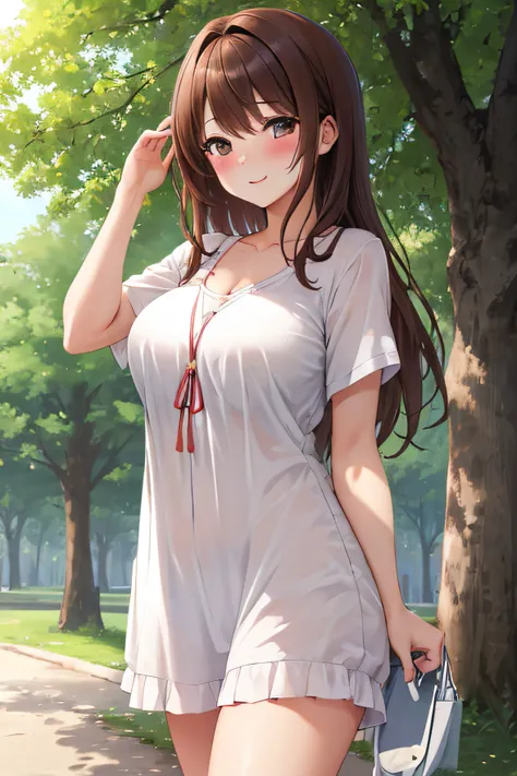 (masterpiece), (best quality), (ultra detailed), 1girl, ssexy pose, blush,medium breasts, casual clothes, happy, looking at viewer, large hair, brown hair, in the park with trees, shy
