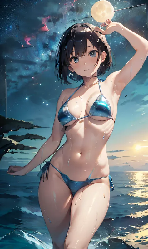 (Master masterpiece、The ultra -The high-definition、extremely fine and beautiful、Ultra-high power of 8 kilometers:2)、(Girl getting wet:1.4)、(looking at another:2)、(Clarity Metallic Blue Bikini:2)、(Transparent skin:1.6)、(short tail hair:1.8)、(Beautiful eyes:...