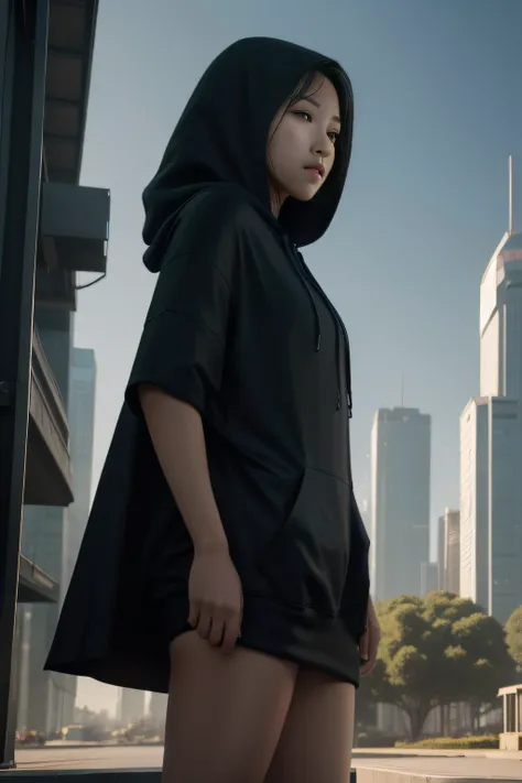 1 girl, young, 16 years old, Asian, full body from head to toe, Realistic, Realistic face, side lighting, desktop wallpaper, side view, futuristic buildings in the background, cape and hood, earth ground,