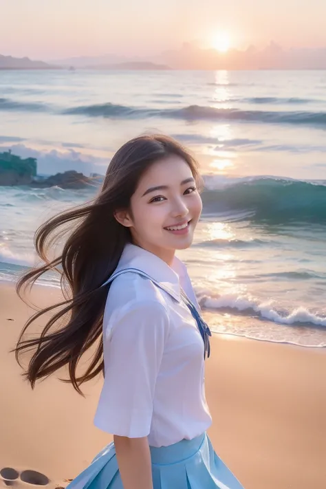 (top-quality、8K、32K、​masterpiece）Beautuful Women、Smiling、in school uniform、Sunset,sea side、Hair fluttering in the wind、Walking along the sandy beach