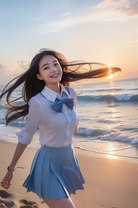 (top-quality、8K、32K、​masterpiece）Beautuful Women、Smiling、in school uniform、Sunset,sea side、Hair fluttering in the wind、Walking along the sandy beach