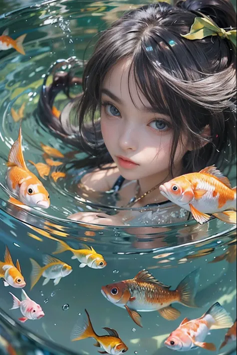 Beautiful girl playing bowl of water or fish, Gamine, is playing happily, Fish, swirling schools of silver fish, floating goldfish, Graphic illustration, see fishes swimming, Two hands reach for the fish, gold fish, amazing depth, adolable, inquisitive, be...