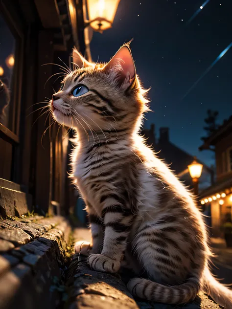 ​masterpiece、top-quality、top-quality、(Closeup portrait of beautiful cute kitten in profile looking up at night sky)、ighly detailed、colourfull、highestdetailed