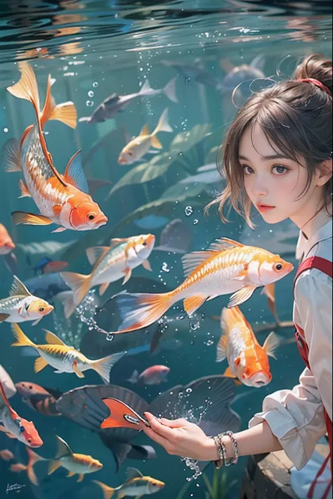 beautiful girl playing bowl of water or fish, gamine, is playing happily, fish, swirling schools of silver fish, floating goldfi...