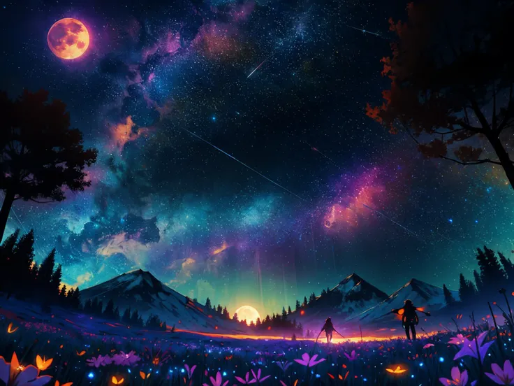 expansive landscape photograph , (a view from below that shows sky above and open field below), a girl standing on flower field looking up, (full moon:1.2), ( shooting stars:0.9), (nebula:1.3), distant mountain, tree BREAK
production art, (warm light sourc...