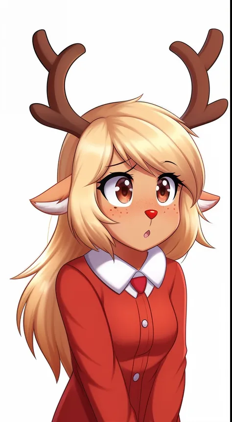 Noelle Holiday from Deltarune, 1girl, solo, pretty, freckles, red nose, antlers, reindeer, orange body, red freckles, brown eyes, professional art made by twistedscarlett60, chibi, pastel lighting, pastel colors, white background, scared, widen eyes, confu...