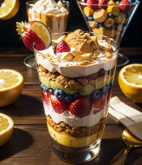 ​masterpiece、top-quality、top-quality、(Close-up photo of Japan-inspired parfait full of fruit served in a thin and tall gorgeous golden parfait glass)、ighly detailed、colourfull、highestdetailed