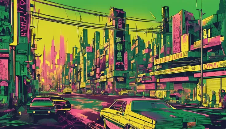 The city of blade runner movie of the 80s with neon posters with yellowish and green colors accompan