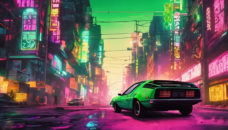 The city of blade runner movie of the 80s with neon posters with yellowish and green colors accompan