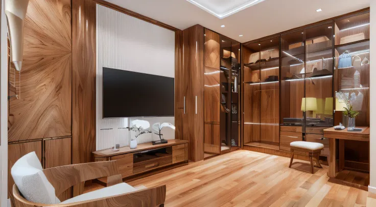 there is a large television in a wooden room with a chair, elegant wardrobe, mirror and glass surfaces, high end interior, wood paneling, luxury condo interior, wood panel walls, highly detailed render, rendered in lumion pro, smooth panelling, rendered in...