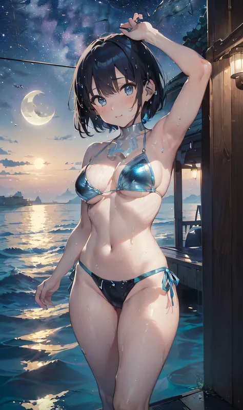 (Master masterpiece、The ultra -The high-definition、extremely fine and beautiful、Ultra-high power of 8 kilometers:2)、(Girl getting wet:1.4)、(looking at another:2)、(Clarity Metallic Blue Bikini:2)、(Transparent skin:1.6)、(short tail hair:1.8)、(Beautiful eyes:...