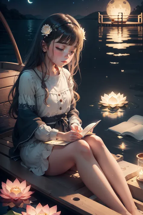 There was a girl sitting on a boat in the water,  float under moon light at night, The surface of the water is full of glowing paper lotus flowers， illustratio, illustrated in whimsical style, Fine quality illustrations, very peaceful mood, floating among ...