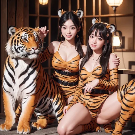 (8K、RAW Photos、top-quality、​masterpiece:1.5)、(realisitic、Photorealsitic:1.5)、ultra-detailliert、超A high resolution、lighting like a movie、(((Idols who love tigers)))、(((Japan 16 year old girls)))、(((Wearing a cute costume with a tiger motif)))、(A lot of tige...