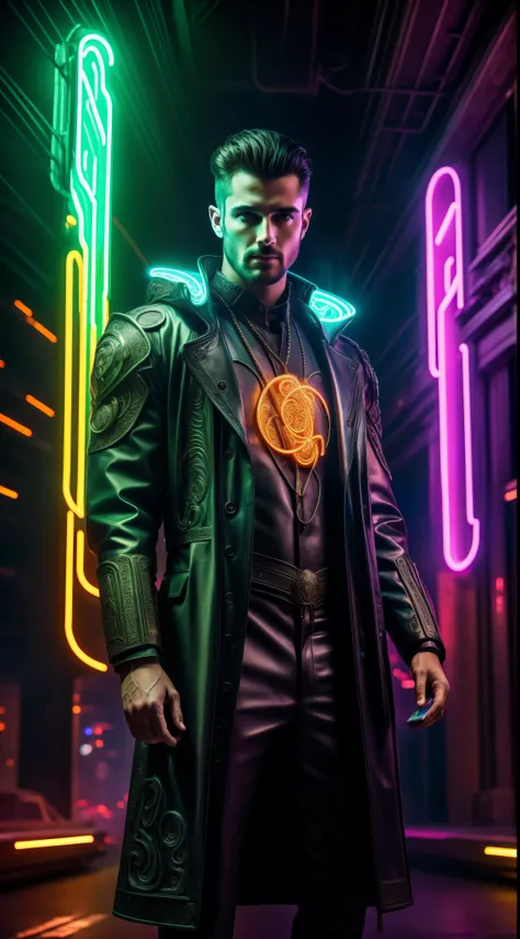 A man stands in a surreal, neon-lit environment, holding an intricately designed magical book in his hands. The surroundings are bathed in vibrant neon lights, casting an otherworldly glow. The book is adorned with arcane symbols and runes that seem to com...