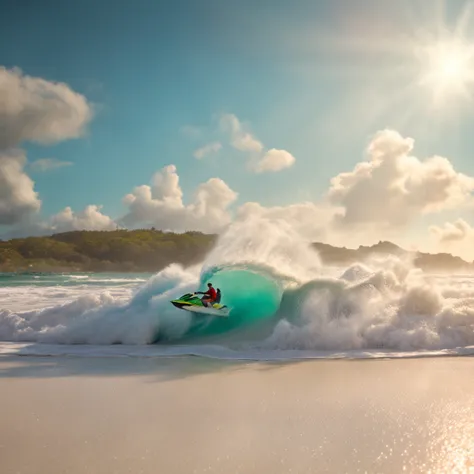 a scene on the beach, cinematic, with a family consisting of a father, mother and children having fun on the soft white sand, with an exuberant sea and waves hitting the beach, bright and vibrant colors, and the sun shining in the blue sky. Jet Ski,