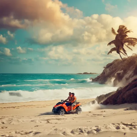 a scene on the beach, cinematic, with a family consisting of a father, mother and children having fun on the soft white sand, with an exuberant sea and waves hitting the beach, bright and vibrant colors, and the sun shining in the blue sky. Jet Ski,