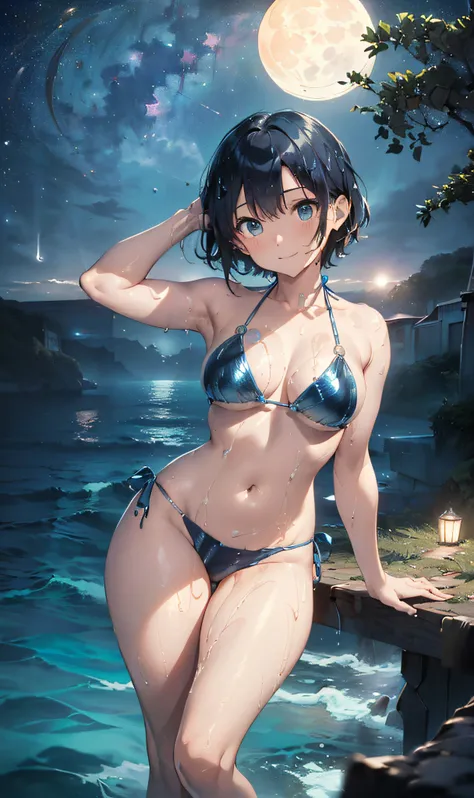 (Master masterpiece、The ultra -The high-definition、extremely fine and beautiful、Ultra-high power of 8 kilometers:2)、(Girl getting wet:1.4)、(looking at another:2)、(Clarity Metallic Blue Bikini:2)、(Transparent skin:1.6)、(short tail hair:1.8)、(Beautiful eyes:...