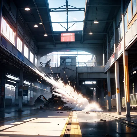 "A large white worm wreaks havoc in an empty train station, causing destruction to buildings and rails"