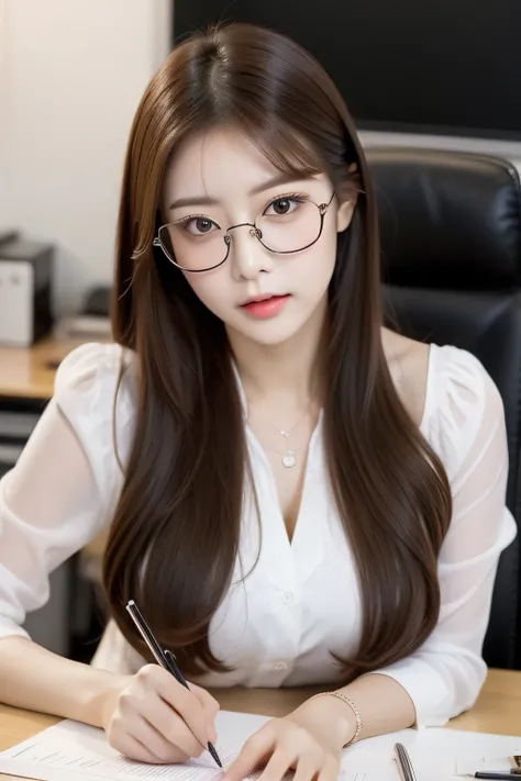 Pretty girl in the office，Big breasts:1.5，24 years of age，Korean female，Low-cut dressing，Delicatemakeup，prettyeyes，Sexy pose, long leges:1.3, prettyeyes, Stand, detailface, With glasses，At work，There are stationery on the tabletop