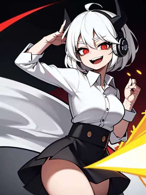 ((masterpiece, best quality)), (1girl), (solo), (female focus), (ahoge, white hair, short hair), black eyes, light smile, open mouth, ((white shirt), (buttoned shirt ), (Button gaps)), ((blackdress), (short  skirt)), standing on your feet, White background...