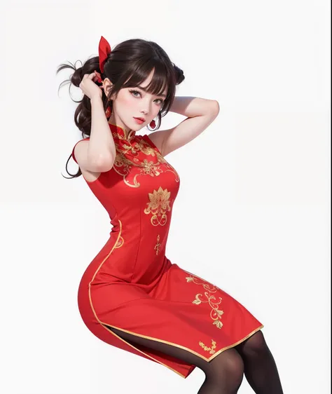 close-up of a woman in a red dress, nice girl in a beautiful dress, cheongsam, cheongsam wears red,green eyes, beautiful face, b...