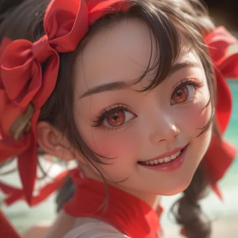 Close up of crimson smile with open mouth、Close up of crimson smile with open mouth、Wearing a bow tie on your head、Wearing a bow tie on your head、(realisitic、hight resolution)、(1 girl in)、Do-Up Eye、Korean Girl、(Best Quality), (masutepiece), (1girl in), Sol...