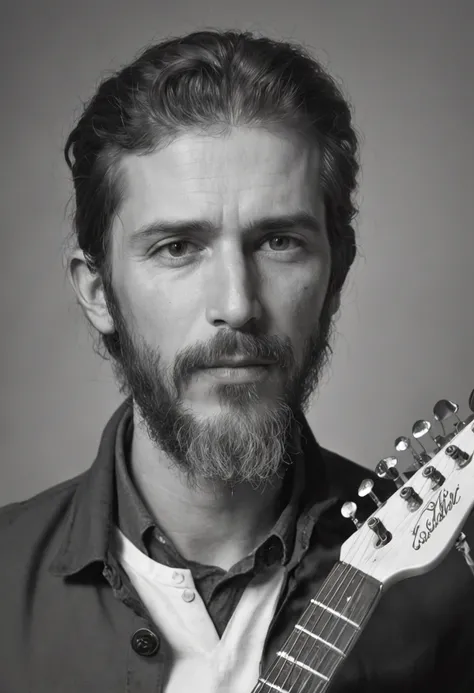 [On a blank piece of paper, Um retrato realista de um homem pardo de 36 anos, com barba estilo costeleta, com uma cicatriz de uma tiro na testa, vestindo jaqueta de couro, with hair up to the neck, Playing guitar is drawn in graphite pencils. he is in prof...