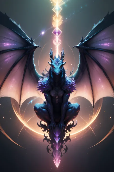 Dragon with iridiscent wings, perfect proportions, centered image, light particles, whimsical, visually rich, cinematic, Mschiffer, wallpaper art, UHD wallpaper,