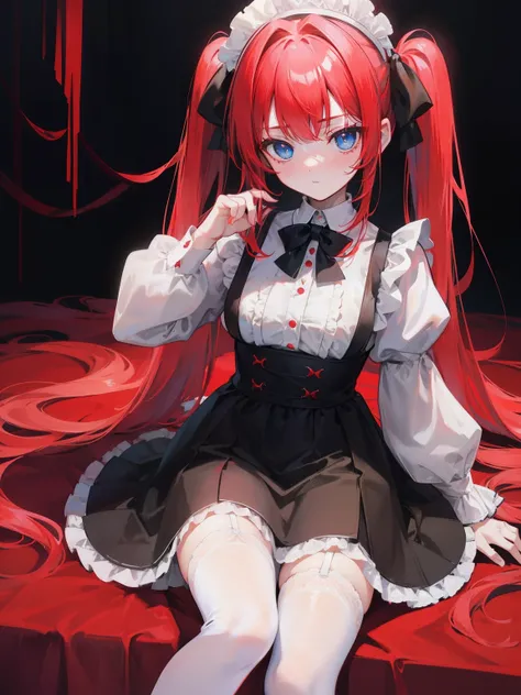 red hair,blue eyes,twintails,maid, long hair, long sleeves, gothic, solo, loli,Short skirt, white stockings,{{best quality}}, {{masterpiece}}, {{ultra-detailed}}, {illustration}, {detailed light}, {an extremely delicate and beautiful},little girl,cute,