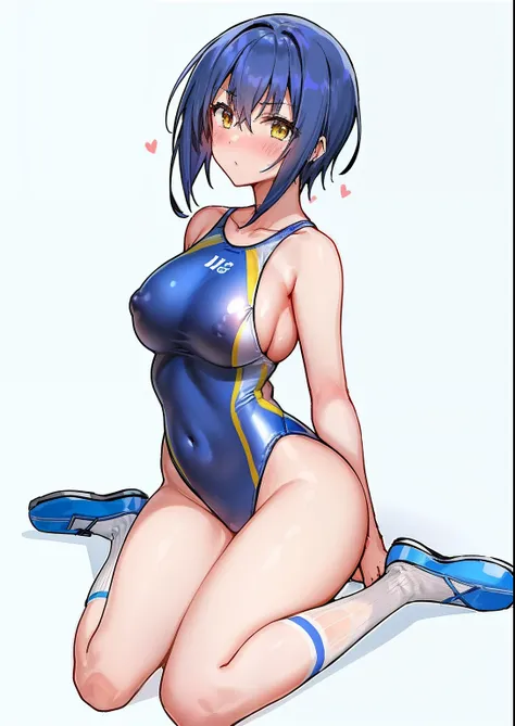 1girl、teens girl、a beauty girl、Handsome、female high-school student、swimsuit、one-piece_swimsuit、competition_swimsuit、highleg_swimsuit、solo、rating:safe、blue_legwear、striped、short_hair、nose_scar、yellow_eyes、blush、looking_at_viewer、vertical_stripes、blue_hair、k...