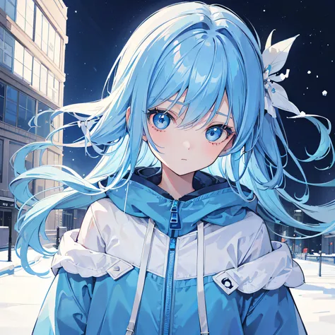 1girl, with light blue hair and blue eyes, wearing a hair ribbon and a blue and white hoodie. The scene is set in winter, with the girl looking directly at the viewer. This image can be used as a profile picture.City background.zoom-in on face.Masterpiece,...